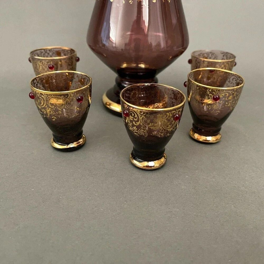 Vintage Bohemia Glass Bottle‎ Decanter 5 Cups Purple Gold
